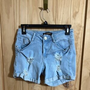 DOLLHOUSE x You Are Beautiful Distressed Light Blue Denim Shorts